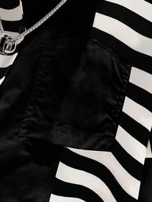 Women's Casual Asymmetric Striped Color Block Drop Shoulder Long Sleeve Button Down Collar Pocket Loose Blouse With Back Slit, Autumn