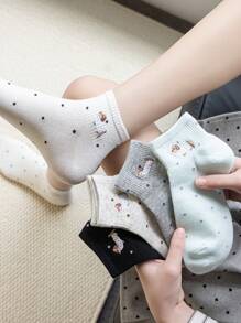 3 Pairs Women Black, White & Gray Combination Ankle Socks, Cute Dachshund Embroidery, Ribbed Design, Breathable Knit Fabric, Minimalist & Cute Style, Suitable For Home, Commute, Dating, Holiday Gift