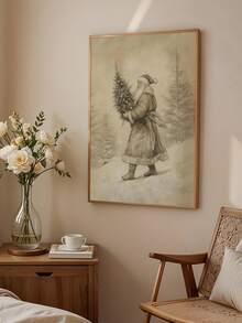 1pc Vintage Santa Claus Sketch, Santa Claus Backpack Wrapped Canvas Poster, Retro Santa Wall Art, Vintage Santa Reindeer Print, Rustic Christmas Printables, Santa Claus Painting, Bedroom Decor, Living Room Decor, Office Decor Home Decor Christmas Decorations