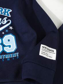 2pcs Young BoyCasual Sports "NEW YORK" Print Hooded Sweatshirt + Pants Set, Autumn/Winter - Navy Blue - View 5