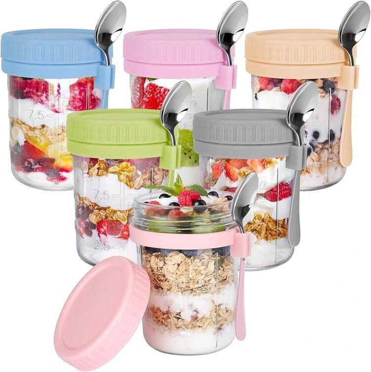 Tarro de Avena de Vidrio de 16 oz, Tarro Sellado de Gran Capacidad, Juego de 6 Contenedores de Avena Nocturna con Tapas y Cucharas, para Almacenar Leche, Cereales, Frutas - Colores claros - Añade 8