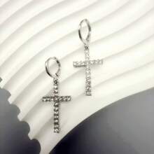 1 Pair Fashionable Unique Crystal Studded Cross Drop Earrings