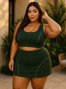 Top + Shorts Skirt Set Workout Gym Plus Size Women's Clothing - 軍綠色 - 查看 1
