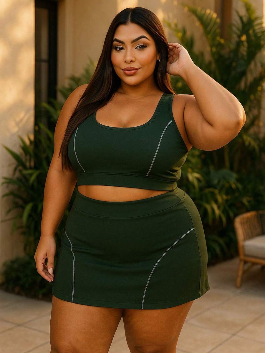 Top + Shorts Skirt Set Workout Gym Plus Size Women's Clothing - 軍綠色 - 查看 1