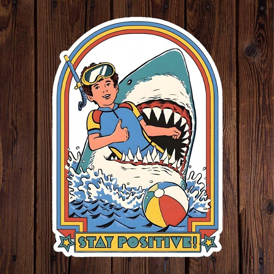 Stay Positive Vinyl Sticker, Funny Cute Shark Diving Sticker, Humorous Waterproof Sticker For Water Bottles, Kindle, Laptops, Books, Tumbler, Cars, Journals, And Outdoor Use, Removable, Reusable And High Quality Adult Humor Funny Quote Sticker,For School Supplies,Back To School - Multicolor - View 1