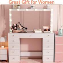 Wanan Vanity Desk With Power Outlet, Makeup Vanity With Mirror And 14 LED Light, 3 Lighting Modes,11 Drawer Vanity Table With Sliding Jewelry Storage, Glass Top, Specular Surface, White - 粉色 - 查看 6