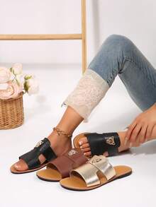 2024 Summer Fashion Tiger Head Buckle Decor Flat Slip-On Mule Sandals, Vintage Casual Open Toe Slippers - Black - View 6