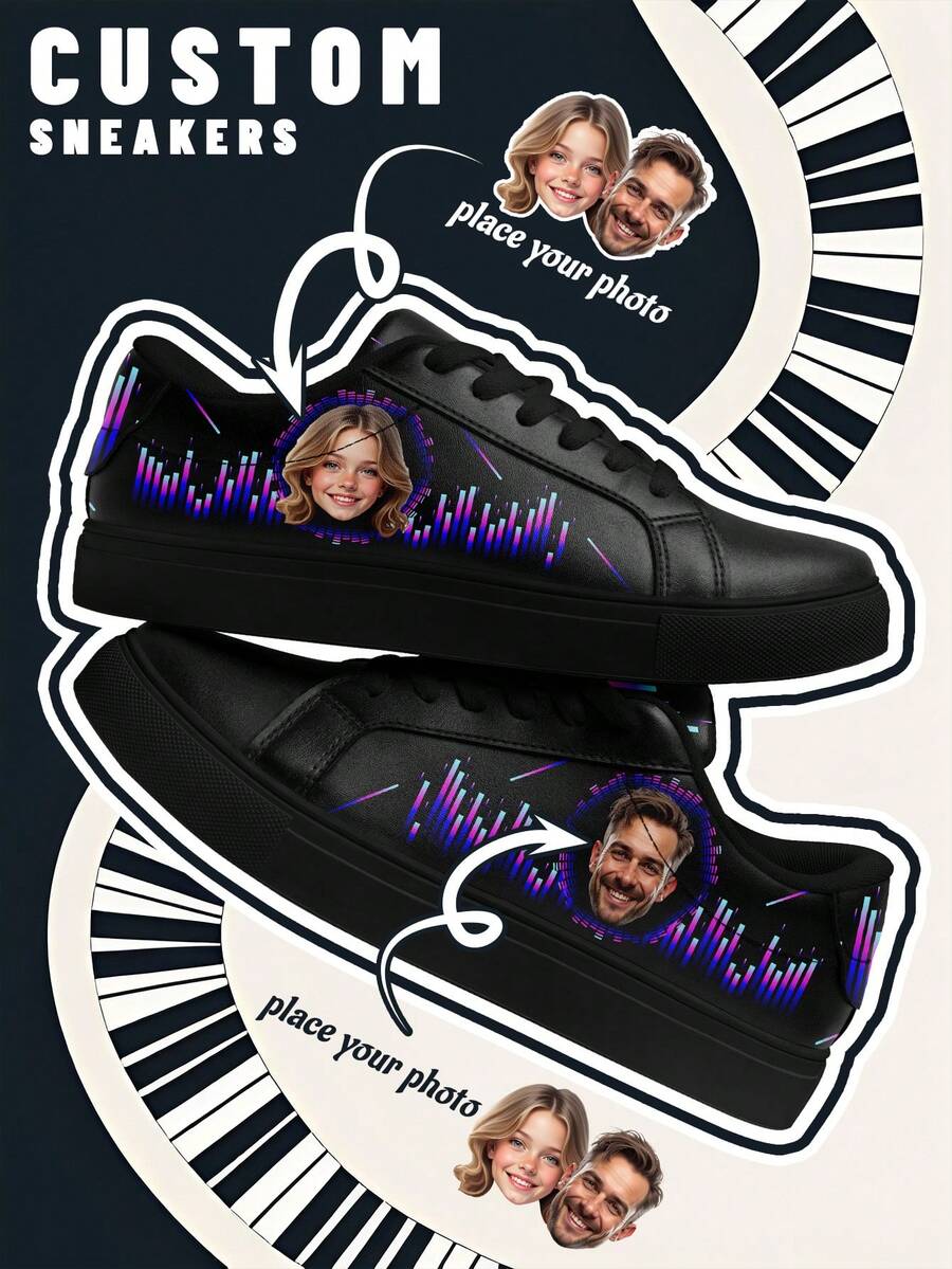 [Music Festival Theme]Women's Custom Name Lightweight Low-Top Sneakers, PU Leather Panel Shoes, Piano Keyboard Print, Unisex All-Season Casual Wear