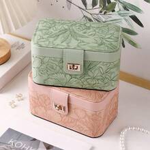 New Luxury Printed Jewelry Organizer Box, Artificial PU Leather, Large Capacity Multi-Layer Partitioned Storage Box, Premium Jewelry Box With Floral Pattern Leather, Bracelet Storage Box, High-End Jewelry Ring Watch Double Layer Accessory Box - Multicolor - View 3