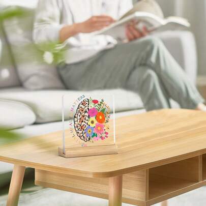 1 targa quadrata in acrilico con base in legno - Decorazione a tema salute mentale con motivo cervello e fiori, decorazione lucida per scrivania, adatta a psicologi, psicopatologi e terapisti - regalo di laurea per professionisti della salute mentale, piatto 2D