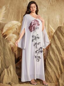 Đầm dài kiểu Ả Rập cỡ lớn dành cho nữ, thêu hoa và đính sequin, thiết kế thanh lịch, thích hợp cho kỳ nghỉ xuân. - Bụi tím - Xem 6