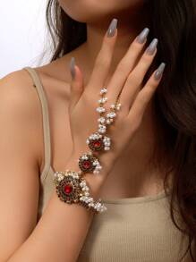 1pc Vintage Style Tasseled Ring Bracelet, Metal Handmade Coin & Rhinestone Encrusted Ring Chain