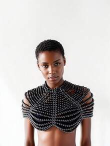 1pc Elegant Bohemian Personalized Exaggerated Clothing Accessories Hand-Woven Pearl Body Chain Shawl, Body Jewelry, Scarf Necklace, Beaded Top, Suitable For Women To Wear At Daily Parties And Vacations, Perfect Jewelry Gift, Birthday Outfits For Women, Body Chain Plus Size - Beige - View 8