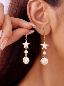 1 Pair Minimalist Starfish, Pearl & Shell Design Earrings, Suitable For Beach Vacation & Summer Matching - Multicolor - View 4