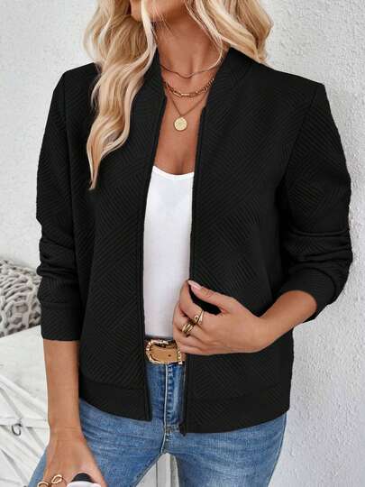 Jachetă cu fermoar, culoare uni, guler baseball, haină de exterior casual, toamnă/iarnă