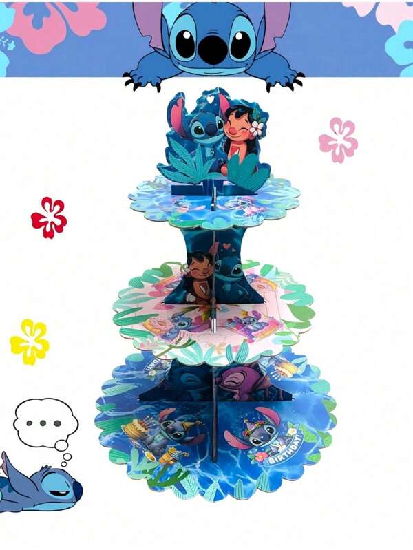 Disney Supporto per cupcake a 3 ripiani di Stitch Disney, forniture per feste di compleanno, espositore per cupcake in cartone a tema cartoni animati, regalo per baby shower, adatto per primavera, estate, autunno, inverno, ritorno a scuola, Natale, Ognissanti, Ringraziamento, Festa dei bambini, Festa degli insegnanti, regali di compleanno per il Capodanno, decorazione per amici, forniture scolastiche, ritorno a scuola