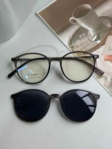 Women's Clip-On 2 In 1 Round Small Size Polarized Lens Eyeglasses Frame PZ948 - 淺灰色 - 查看 1