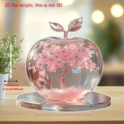 2D 平面樱花和苹果亚克力桌面装饰 - 粉色花朵搭配绿叶，经典优雅设计，适合家庭、办公室、婚礼、生日派对，无需电源