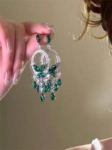 Exaggerated Green Butterfly Crystal Tasseled Earrings, Elegant Luxury Party Formal Dress Accessory