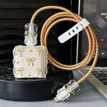 5pcs Small Light Pink/Purple Bow Heart/Gold Bow/Cherry And White Pearl Design 20W/18W Phone Charger Set, Charging Cable Protector, Charging Head Protector Case, Compatible With Apple Charger - Gold - View 6