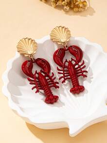 1 对女士龙虾壳耳环，适合日常佩戴和度假 - 紅色 - 查看 3