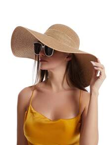 Sombrero de ala ancha para mujeres Sombrero de paja cómodo y elegante con lazo sombrero de playa de verano proteccion solar moda - Caqui - Ver 5