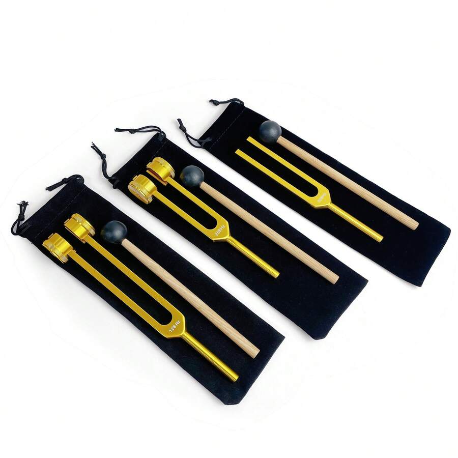 Aluminum Alloy Tuning Fork, 128Hz/256Hz/528Hz Frequency Adjustment, Yoga Meditation Energy Regulator With Mallet And Velvet Bag - Gold - View 1