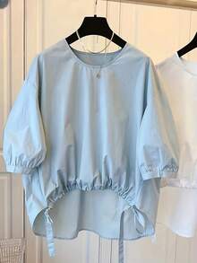 Blusa de talla grande de estilo bohemio, unicolor, de longitud regular, bajo asimétrico, mangas abullonadas 3/4, camisa tejida cómoda para primavera - Azul - Ver 1