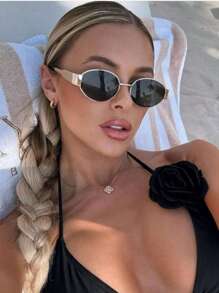 1pc Oval Small Fashion Ladies Fashion Glasses Ins Street Fashion Retro Fashion Glasses Metal Frame Black Fashion Glasses With Travel Beach Accessories Beach Accessories Ladies Glasses Shadow Base Autumn Winter Ladies Clothing Clothing Business Casual Gifts With Protective Case - 金色 - 查看 6