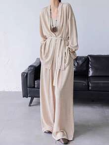 طقم بدلة رسمية أنيقة بلون واحد وسروال للمكتب - لون مشمشي - مشاهدة 4