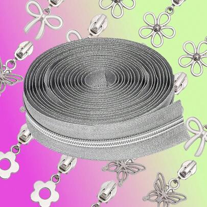 1 conjunto de fita prateada para zíper, 5#, com puxadores de zíper variados. Adequado para costura doméstica e substituição de zíper "faça você mesmo".