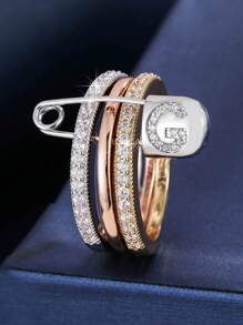 1 pezzo Anello da donna unico con design a 3 anelli e un singolo ago, decorato con zirconia cubica