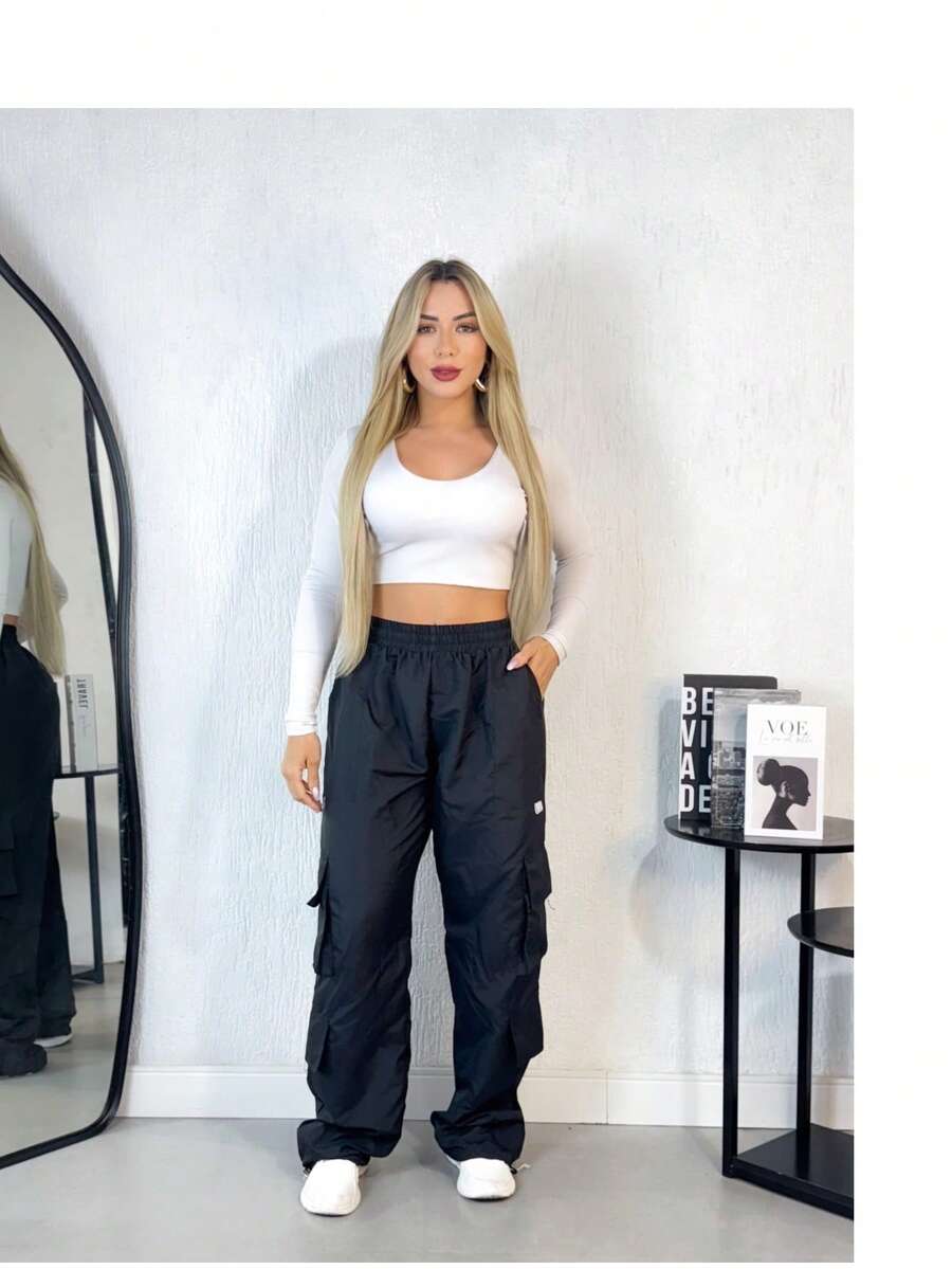 Unisex Oversized Cargo Pants Plain Polyester Pocket Long Evening Holiday Daily Travel Stage & Concert Winter & Spring Baggy - Black - View 1