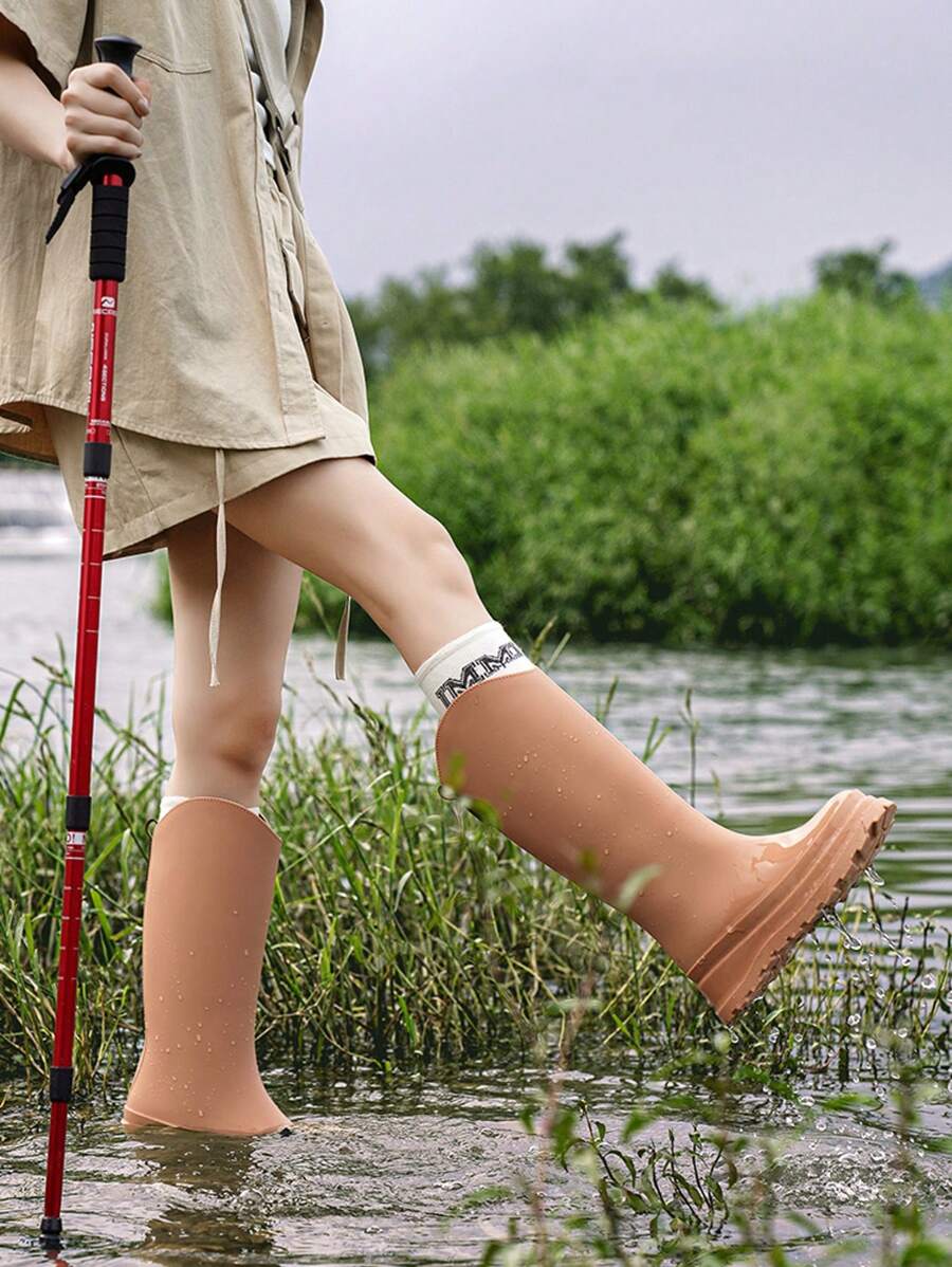 时尚韩版简约高筒雨靴女款防水防滑耐用户外/厨房工作靴 - 棕色 - 查看 1