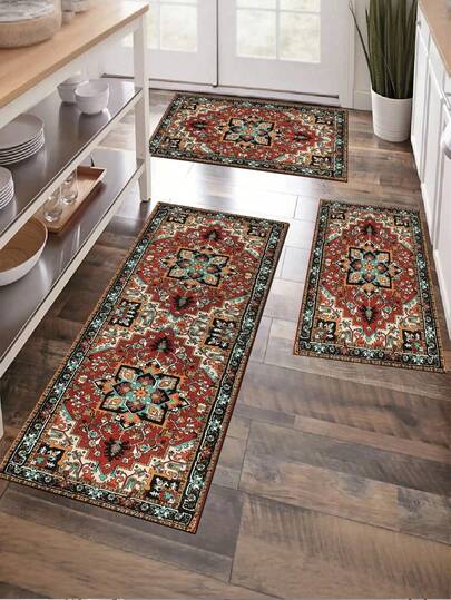 1pc Bohemian Style Kitchen Rug, Modern Quick Dry Small Rug, Washable Doormat, Comfortable Bedside Rug, Hallway Rug, Non-Slip Absorbent Kitchen Mat, Suitable For Floor, Standing Comfort Mat, Running Mat, Party Home Decor Carpet, Burgundy