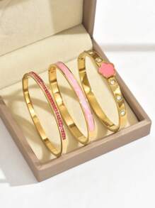 3pcs Fashion 18K Gold Plated Stainless Steel Four-Leaf Clover Nail Bracelet, Suitable For Women's Party, Daily Wear, European And American Style, Personalized, Generous, Luxury Cubic Zirconia Wristband, Wedding Jewelry Set, Gift For Girls, Women, Relatives, Friends, Beautiful Wedding, Birthday, Valentine's Day, Mom, Mother, Mother's Day, Gift