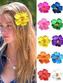 3pcs Women Hibiscus Flower Hair Clips, Realistic Floral Side Hairpins, Vacation Style, Photography Prop Claw Clips Hair Claws Hair Barrettes, School Stuff, Vacation Outfits Woman, Hair Accessories, Head Accessories, Hair Accessories For Women - Multicolor - View 2