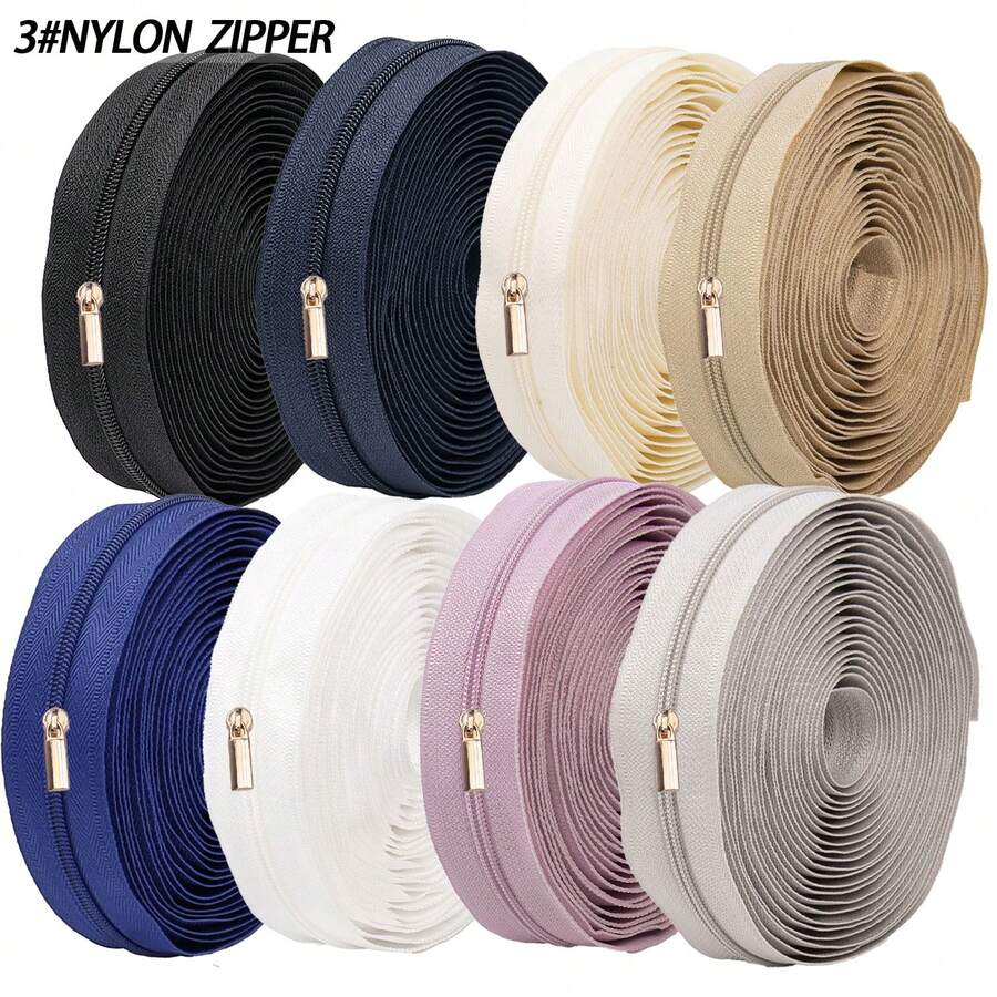 1 Set, 3# Nylon Zippers (450cm/177 Inch/5 Yards) With 10 Zipper Pulls, Suitable For Home Sewing DIY Replacement