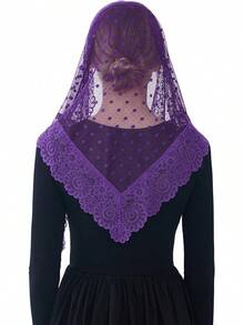 Wgior Triangle Vintage Inspired Lace Chapel Veils Catholic Mass Head Covering Scarf Mantilla Veils For Churchhalloween - 深紫色 - 查看 9