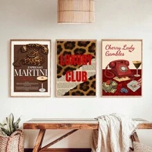 1/3 Stücke Espresso Martini Zeitungskunst Bild Vintage Cocktail Drucke Leinwandbilder Ästhetischer Leopard Poster Mädchen Ästhetik Y2k Dekoration für Schlafzimmer, Wohnzimmer oder Studentenzimmer Geschenk für sie, Ohne Rahmen