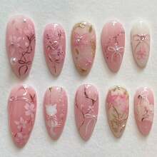 30Pcs Pink Flower Press On Nails Medium Almond Nails With 3D Pearl Rhinestones Designs Glue On Nails Peach Blossom Acrylic Nails Cute False Nails Bow Stick On Nails Women Nail Supplies - 1 - 查看 2