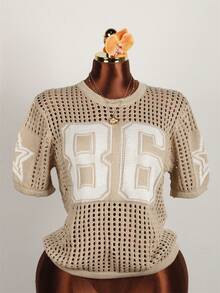 ملابس علوية كاجوال مصنوع من الأنسجة المحبوكة ذو لون أحادي، ملابس علوية كاجوال محبوك بشبكة رقمية بنجمة، رقبة دائرية، أكمام قصيرة فضفاضة