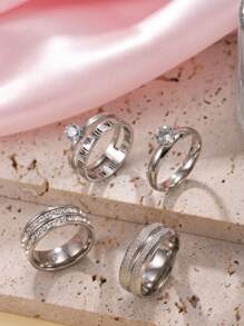 4/5 Pieces Fashionable And Exquisite Stainless Steel Ring 18k Gold Plated With Diamonds Round Square Ring Suitable For Women'S Daily Wear Dating Play Wedding Engagement Holiday Gift Jewellery