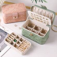 New Luxury Printed Jewelry Organizer Box, Artificial PU Leather, Large Capacity Multi-Layer Partitioned Storage Box, Premium Jewelry Box With Floral Pattern Leather, Bracelet Storage Box, High-End Jewelry Ring Watch Double Layer Accessory Box - Multicolor - View 2