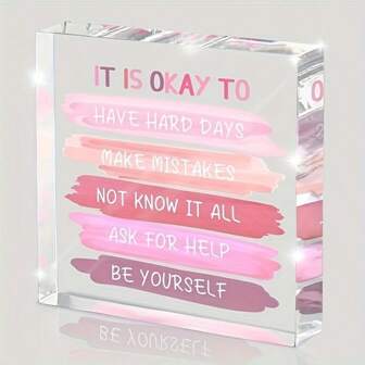 1pc It's Okay Acrylic Block – Clear Freestanding Quote Sign, Pink Brushstroke Affirmations For Desk, Study Or Counseling Room | Home Decor, Teacher Gifts, Encouragement, Inspirational, Graduation Gifts, Birthday Gift, Christmas Gifts, Back To School