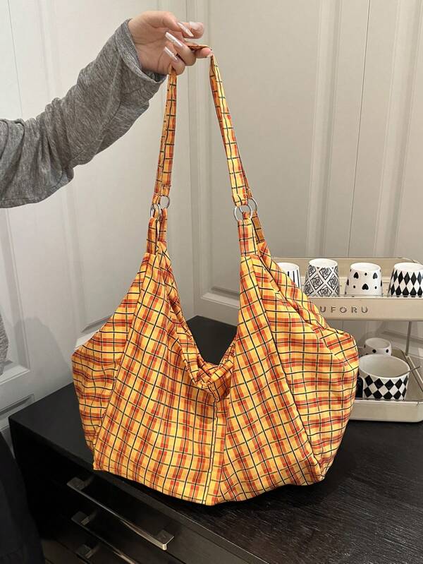 Slouchy Grid Pattern Tote Bag, Large Capacity One Shoulder Bag With Zipper Closure For Summer 2025, Can Be Worn As Backpack