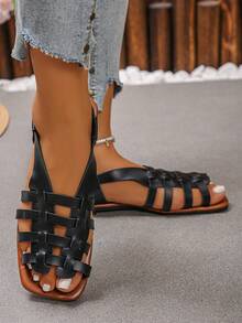 Women's Retro Woven Hollow Out Slip-On Sandals, Thick Heel, Vintage Roman Style, Versatile For Spring, Summer And Autumn - Black - View 6
