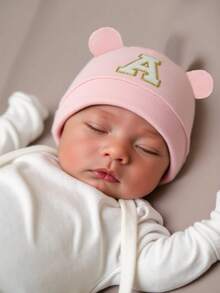 1 pieza Gorro para bebé recién nacido, estampado de unicolor, diseño con orejas, cálido y protector, accesorio casual y lindo, adecuado para actividades al aire libre - Rosa - Ver 4