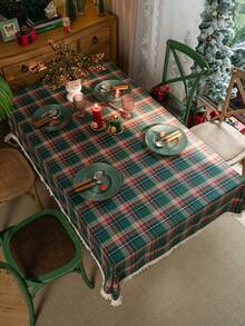 1pc Green Plaid Woven Tablecloth, Vintage American Style With Tassels, Rectangular For Dining Table, Coffee Table, TV Stand, Bedside Cabinet, Suitable For Christmas Holiday Family Gathering Party Decor, Creates Festive Atmosphere - Green - View 3