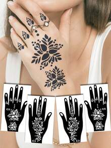 2件套手部模板染料组合套装（左手和右手模板+纹身果汁染料）多图案男女通用半永久手指、手背、双手艺术皮肤绘画防水假纹身模板套装 - 彩色 - 查看 5